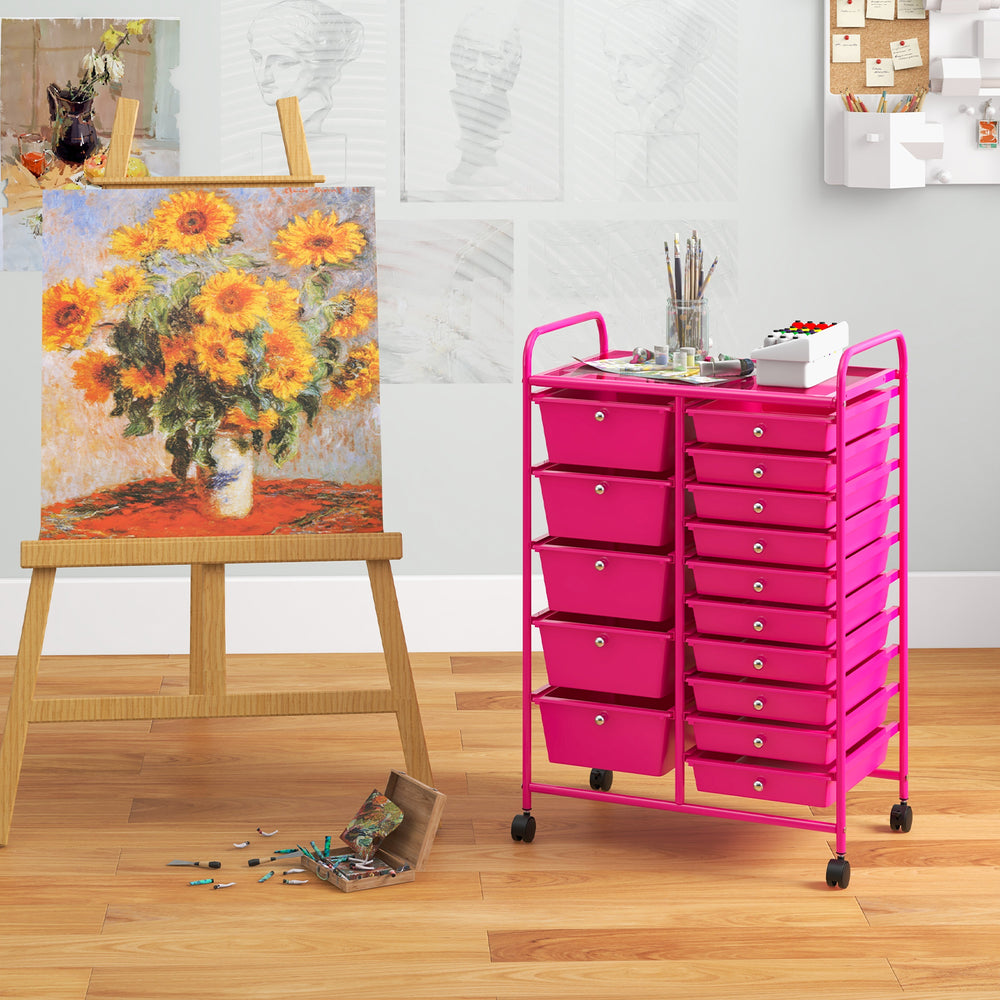 15-Drawer Utility Rolling Organizer Cart MultiUse Storage-Pink - Gallery View 1 of 11