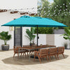 Turquoise 15ft double-sided patio umbrella with crank, featuring a sturdy metal base and providing ample shade for.