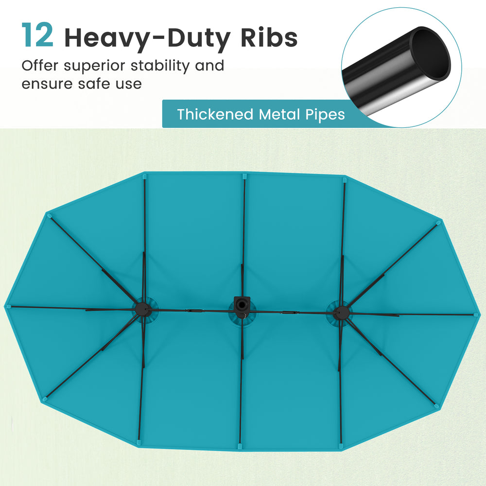 Top view of the 15ft turquoise double-sided patio umbrella showcasing heavy-duty ribs and thickened metal pipes for.