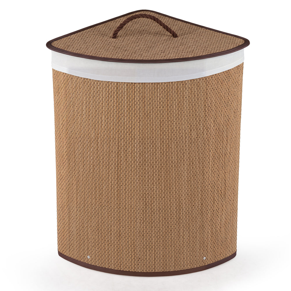 Bamboo laundry hamper with removable liner, 15-gal capacity, foldable design, ideal for bedrooms and bathrooms.