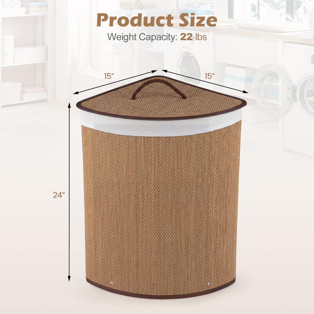 Bamboo laundry hamper with removable liner, 15-gal capacity, 24" tall, perfect for bedrooms and bathrooms.