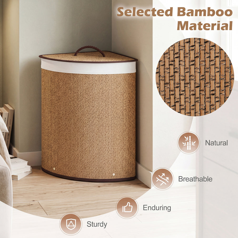 Bamboo laundry hamper with removable liner, 15-gal capacity, sturdy design, perfect for bedrooms and laundry rooms.