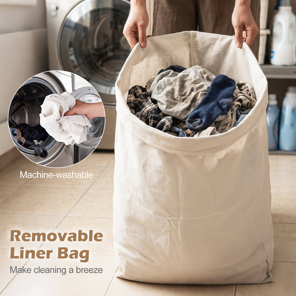 Bamboo laundry hamper with removable liner bag, 15-gal capacity, perfect for bedrooms and laundry rooms.