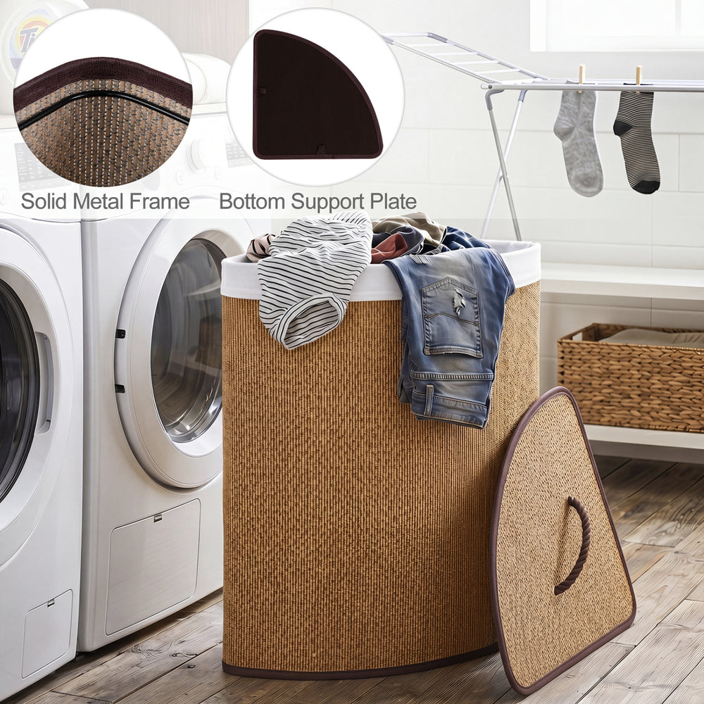 Bamboo laundry hamper with removable liner, 15-gal capacity, solid metal frame, perfect for bedrooms and laundry rooms.