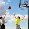 15-inch basketball rim with all-weather net, shown in use outdoors for versatile play on various surfaces.