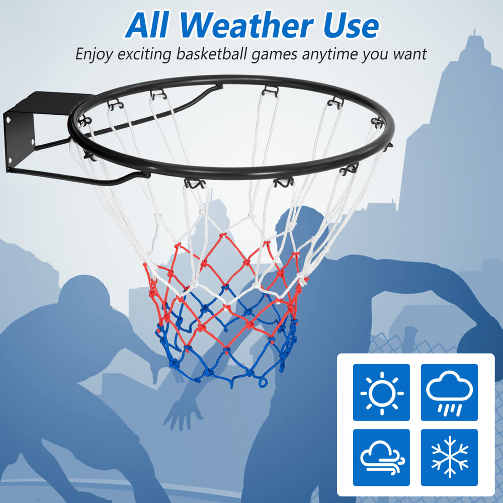 15-inch basketball rim with all-weather net and mounting hardware, ideal for indoor and outdoor play.
