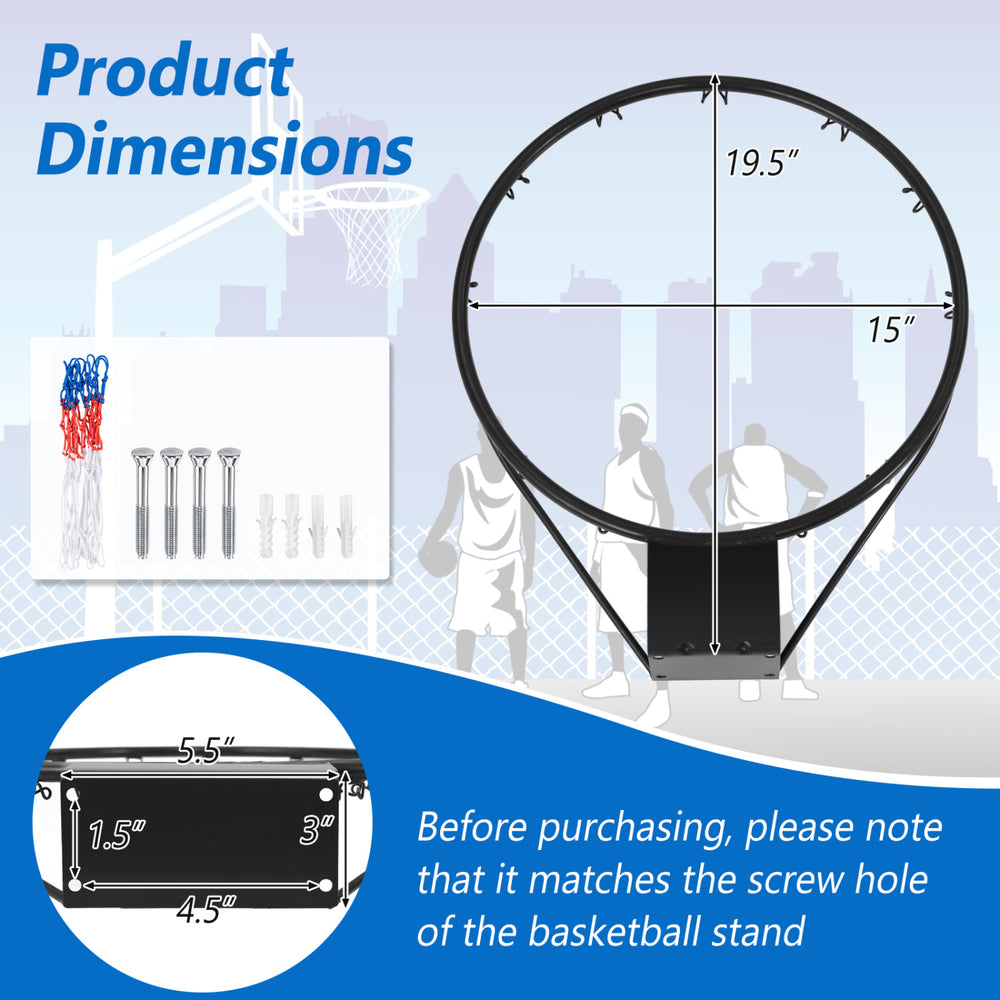 15-inch basketball rim with mounting hardware, featuring durable all-weather net for indoor or outdoor play.