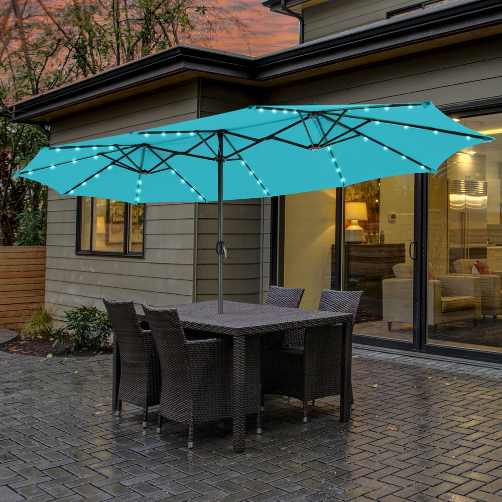 15 Feet Twin Patio Umbrella with 48 Solar LED Lights-Turquoise - Gallery View 1 of 10