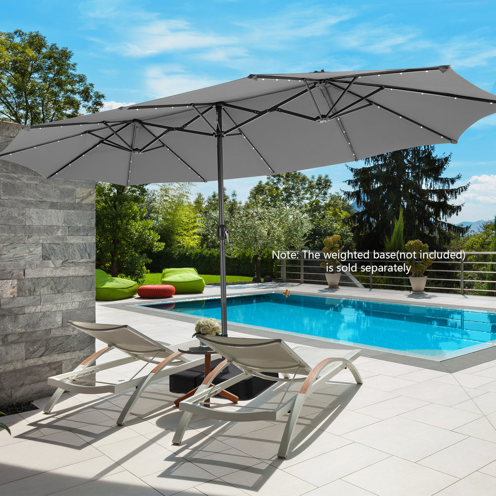 15 Feet Twin Patio Umbrella with 48 Solar LED Lights-Gray - Gallery View 1 of 11