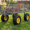 Heavy-duty 15 x 6.00-6 tube-type tires with yellow wheels, designed for mowers and carts, suitable for various terrains.