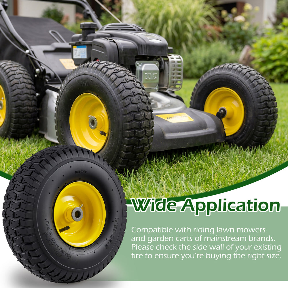 Close-up of a 15 x 6.00-6 yellow tire with wheel, designed for riding mowers and garden carts, featuring heavy-duty.