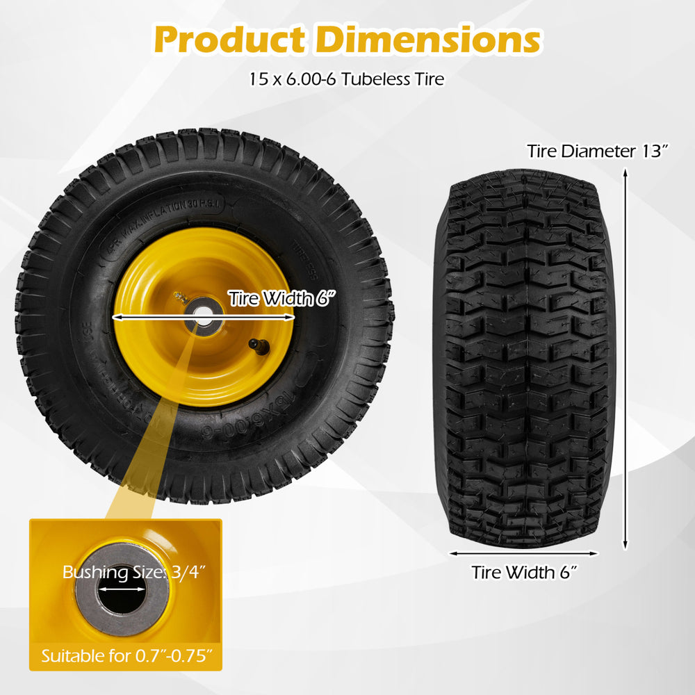 15 x 6.00-6 tubeless tire with yellow wheel, 6" width, designed for riding mowers and carts, suitable for various.