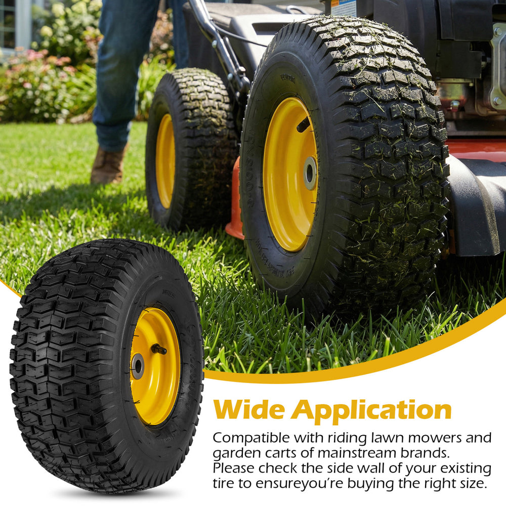 15 x 6.00-6 tubeless tires with yellow wheels, designed for riding mowers and garden carts, offering heavy-duty.