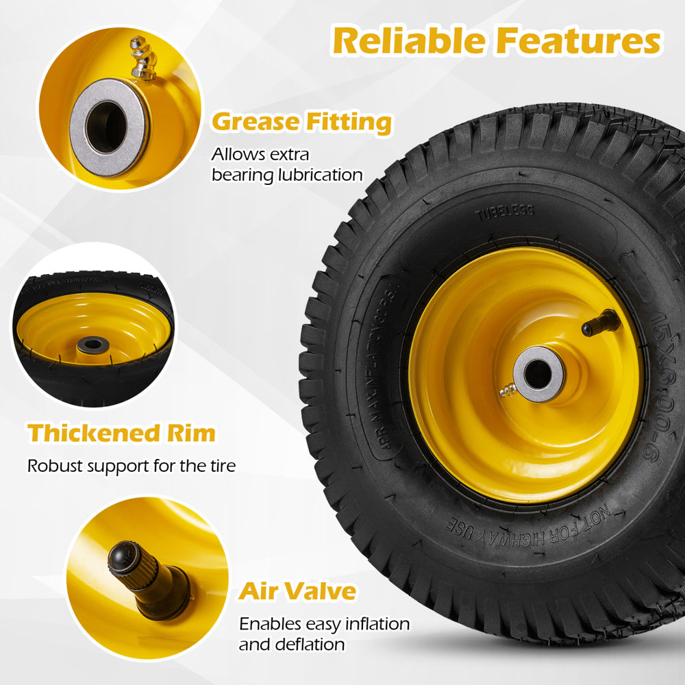 Close-up of a 15 x 6.00-6 tubeless tire showing the thickened rim and air valve for easy inflation, ideal for riding.