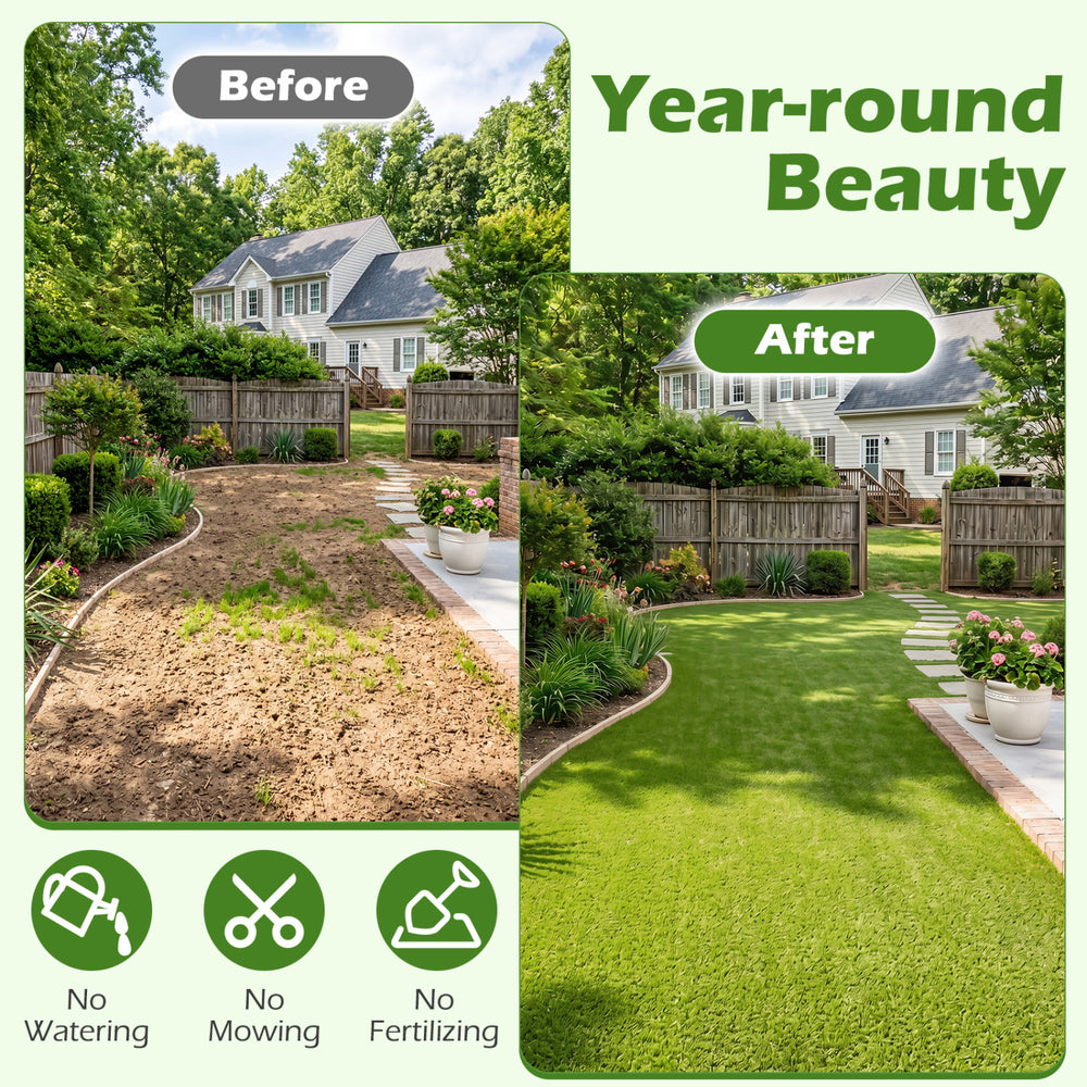 Artificial turf rug shown in a yard transformation, featuring low 0.75 inch pile height for easy upkeep and natural.