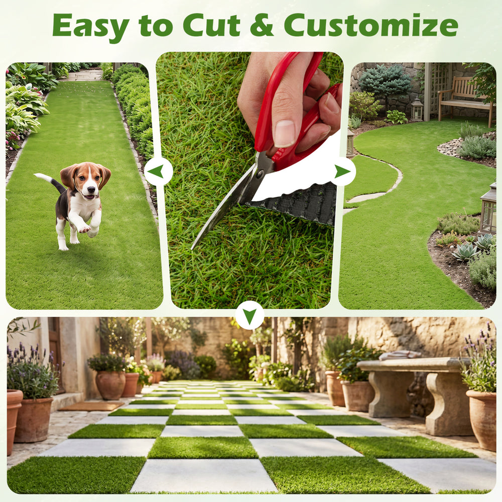 Artificial turf rug, 15 x 7 feet, low 0.75 inch pile height, easy to cut and customize for various outdoor spaces.