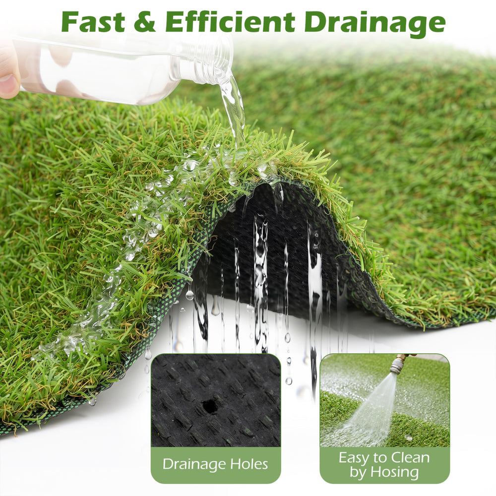 Artificial turf rug with low 0.75 inch pile height, featuring drainage holes for efficient water flow and easy cleaning.