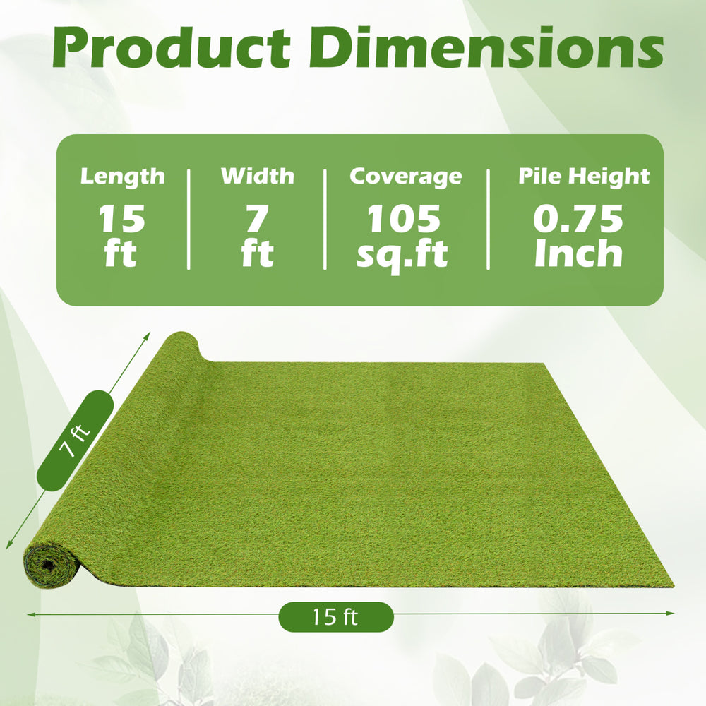 15 x 7 feet artificial turf rug with low 0.75 inch pile height, ideal for balconies, yards, and pet areas.