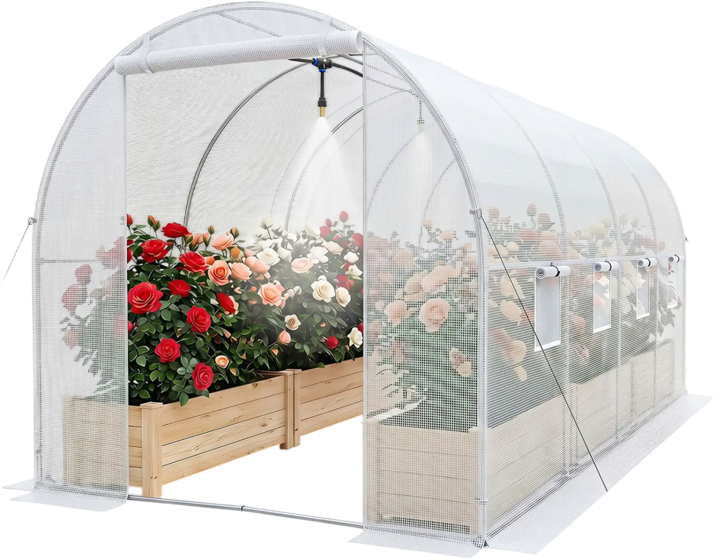 Walk-in tunnel greenhouse with a watering system, featuring a spacious interior and reinforced waterproof PE cover for gardening.