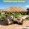 15 x 9 FT solar double-sided patio umbrella with thatched design, 144 multi-colored lights, perfect for garden gatherings.