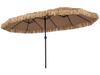 Oversized 15 x 9 FT solar double-sided patio umbrella with thatched design, 144 multi-colored lights, and crank lift for outdoor use.