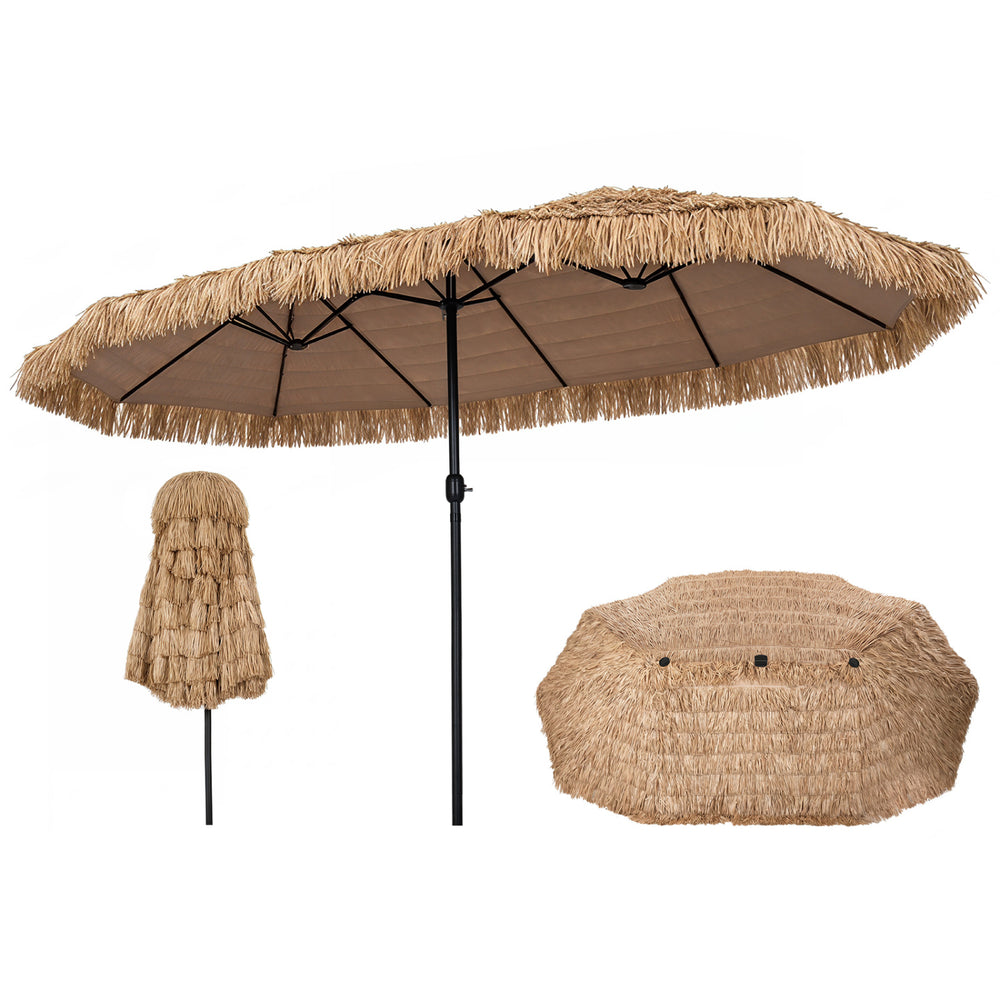 Oversized 15 x 9 FT solar double-sided patio umbrella with thatched design, 144 multi-colored lights, and crank lift for outdoor gatherings.