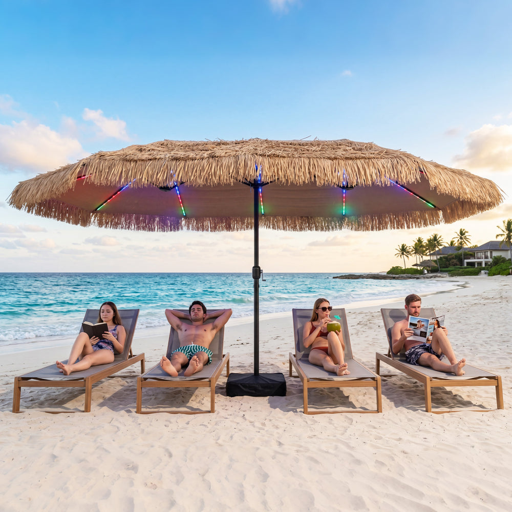 15 x 9 ft Solar Double-sided Patio Umbrella wITH 144 Multi-colored Flowing Lights and Umbrella Base-Brown