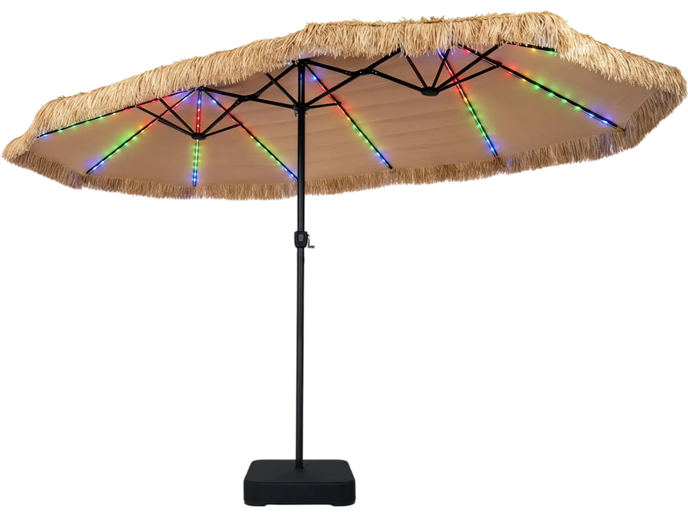 15 x 9 ft Solar Double-sided Patio Umbrella wITH 144 Multi-colored Flowing Lights and Umbrella Base-Brown