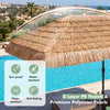 Solar double-sided patio umbrella with 8-layer PE thatch, water-resistant fabric, and 144 multi-colored lights for outdoor gatherings.