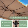 Double-sided 15 x 9 FT brown patio umbrella features 144 multi-colored lights and sturdy 5+2+5 metal ribs for stability.