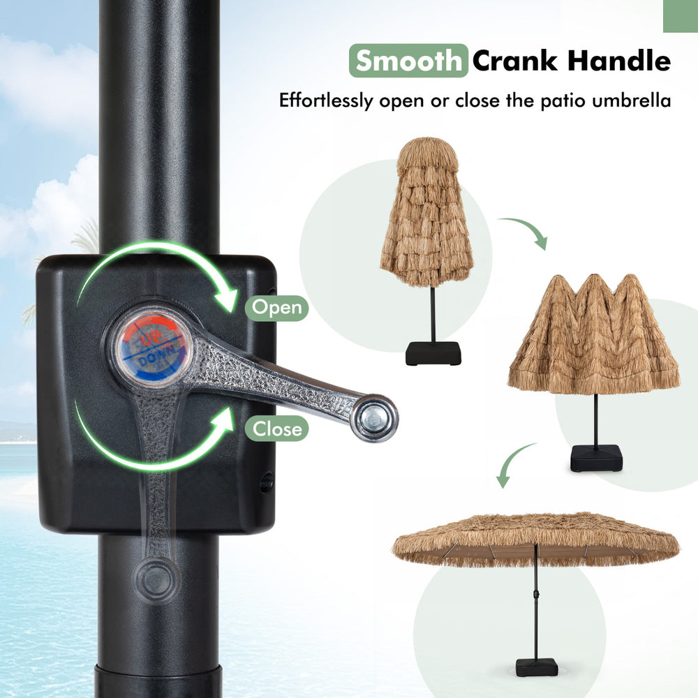 Smooth crank handle for easy operation of the 15 x 9 FT solar double-sided patio umbrella with multi-colored lights.