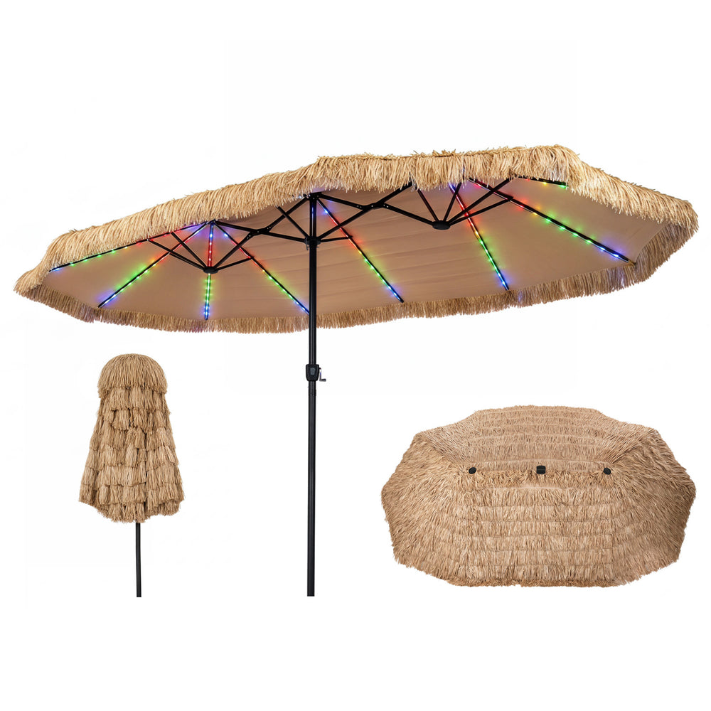 15 x 9 ft Solar Double-sided Patio Umbrella with 144 Multi-colored Flowing Lights 12 Modes and 12 Ribs-Brown