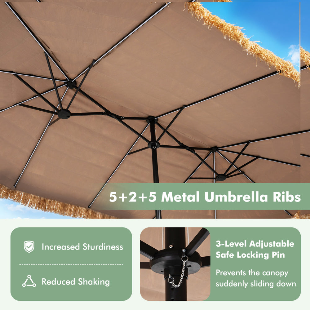 double level patio umbrella OVIOS 15FT Double-Sided Market with Base Dark Grey / 15FT This umbrella canopy is made of thick multi 15 FT Double-Sided Patio Umbrella