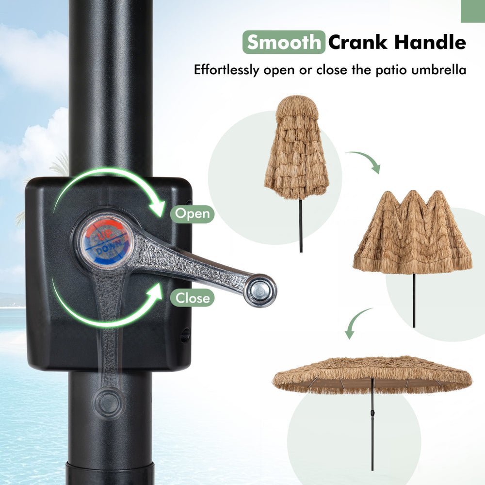 Smooth crank handle for easy operation of the 15 x 9 FT solar double-sided patio umbrella with multi-colored lights.