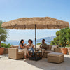 The 15 x 9 FT solar double-sided patio umbrella features layered PE thatch and 144 lights, perfect for outdoor gatherings.