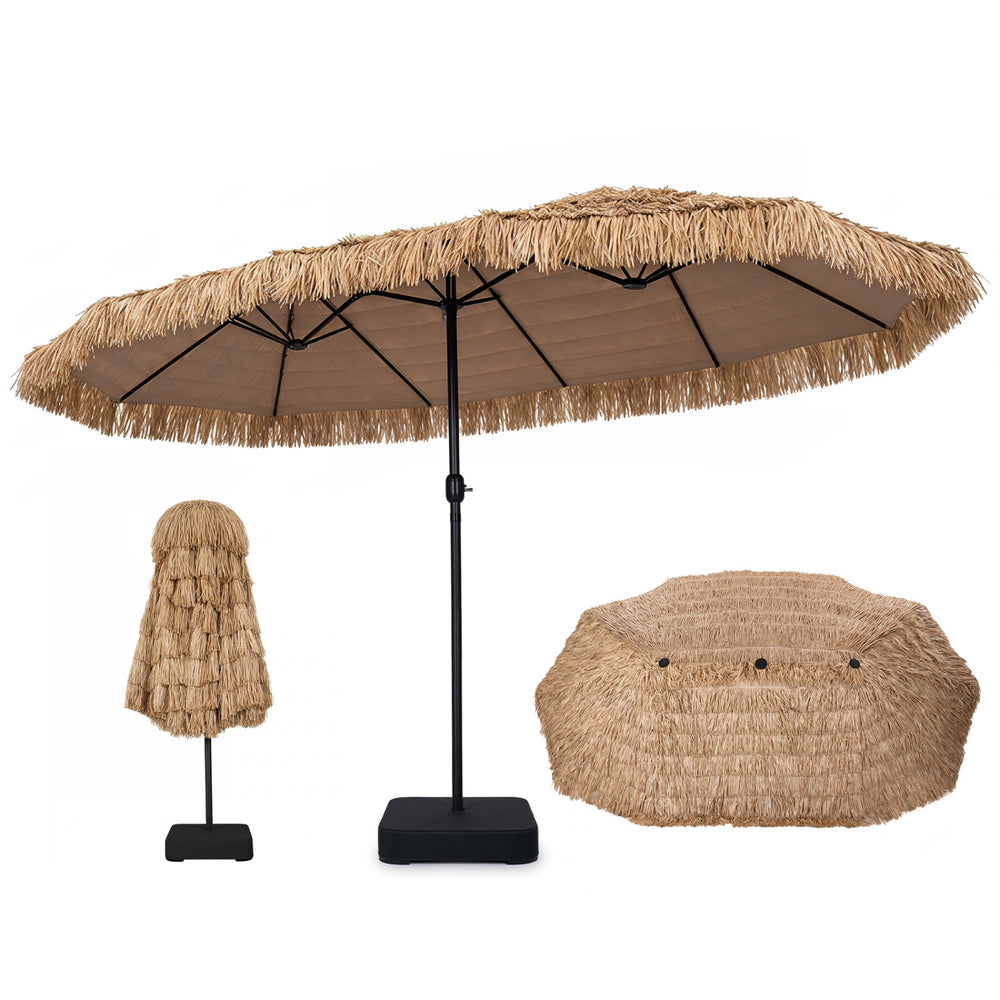 Solar double-sided patio umbrella with layered PE thatch, 144 lights, and crank lift for stylish outdoor gatherings.