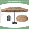 15 x 9 FT solar double-sided patio umbrella with layered PE thatch, 144 lights, and crank lift for outdoor gatherings.