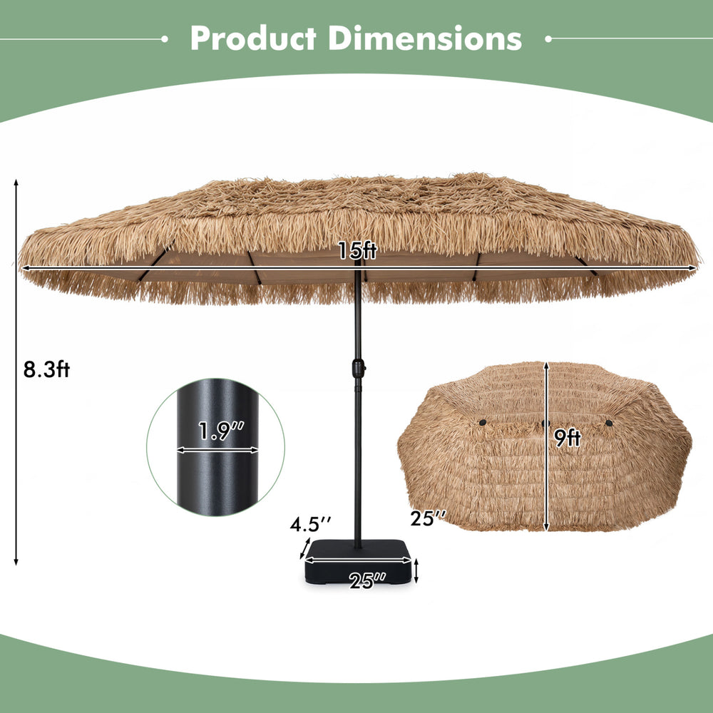 15 x 9 FT solar double-sided patio umbrella with layered PE thatch, 144 lights, and crank lift for outdoor gatherings.