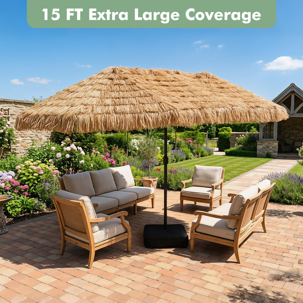 The 15 x 9 FT solar double-sided patio umbrella features layered PE thatch and 144 lights for vibrant outdoor gatherings.