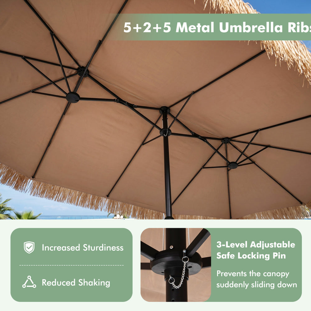 Underneath view of the 15 x 9 FT brown solar double-sided patio umbrella showcasing 5+2+5 metal ribs for increased sturdiness.