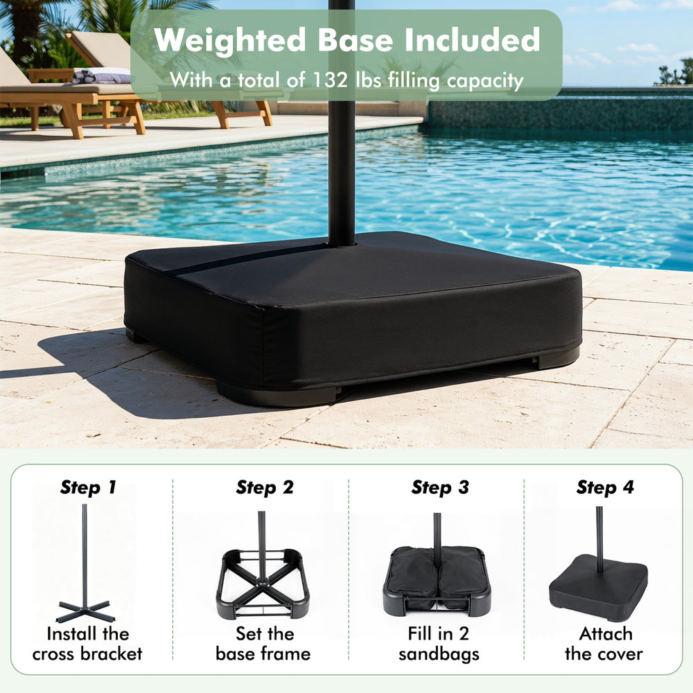 Weighted base for the 15 x 9 FT solar double-sided patio umbrella provides 132 lbs capacity for stability and safety.