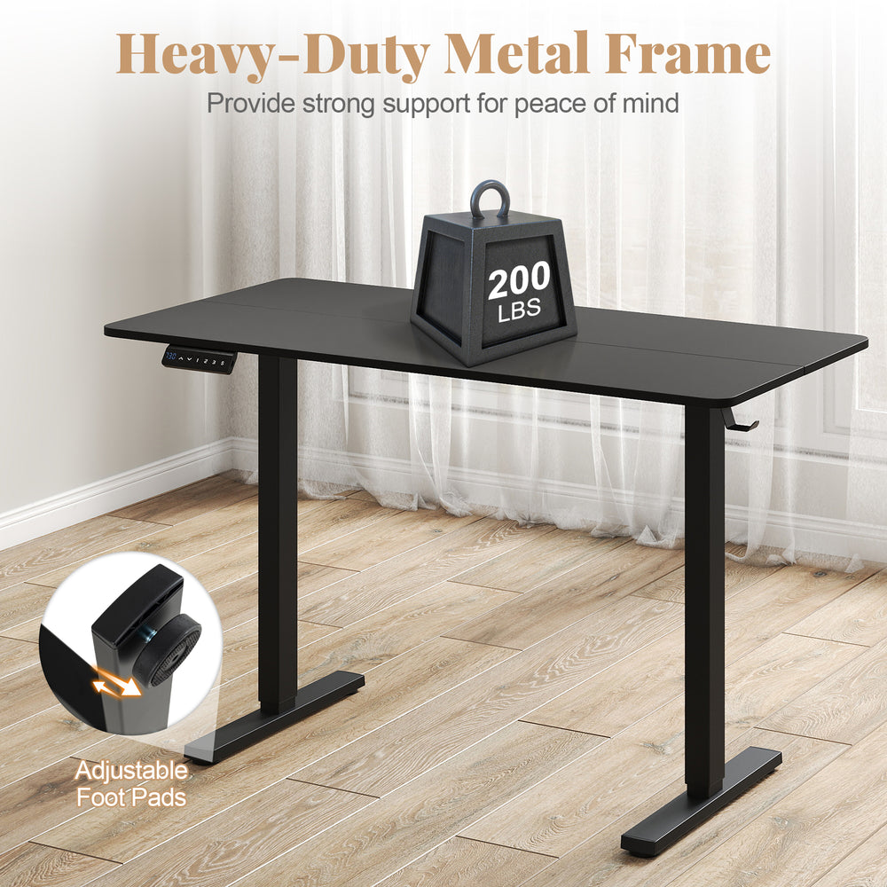 Ergonomic electric standing desk with a black metal frame, adjustable height, and 3 memory settings for home office use.