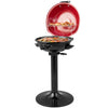 Electric BBQ grill in red with removable non-stick warming rack, ideal for indoor and outdoor cooking.