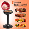 Electric barbecue grill with removable non-stick warming rack in red, ideal for indoor and outdoor cooking.