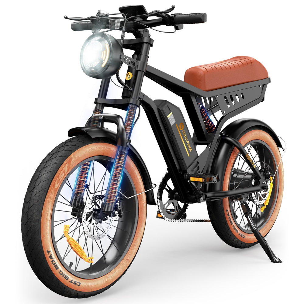 isinwheel R6 Off Road Retro Electric Bike - studio angle view with headlight on effect