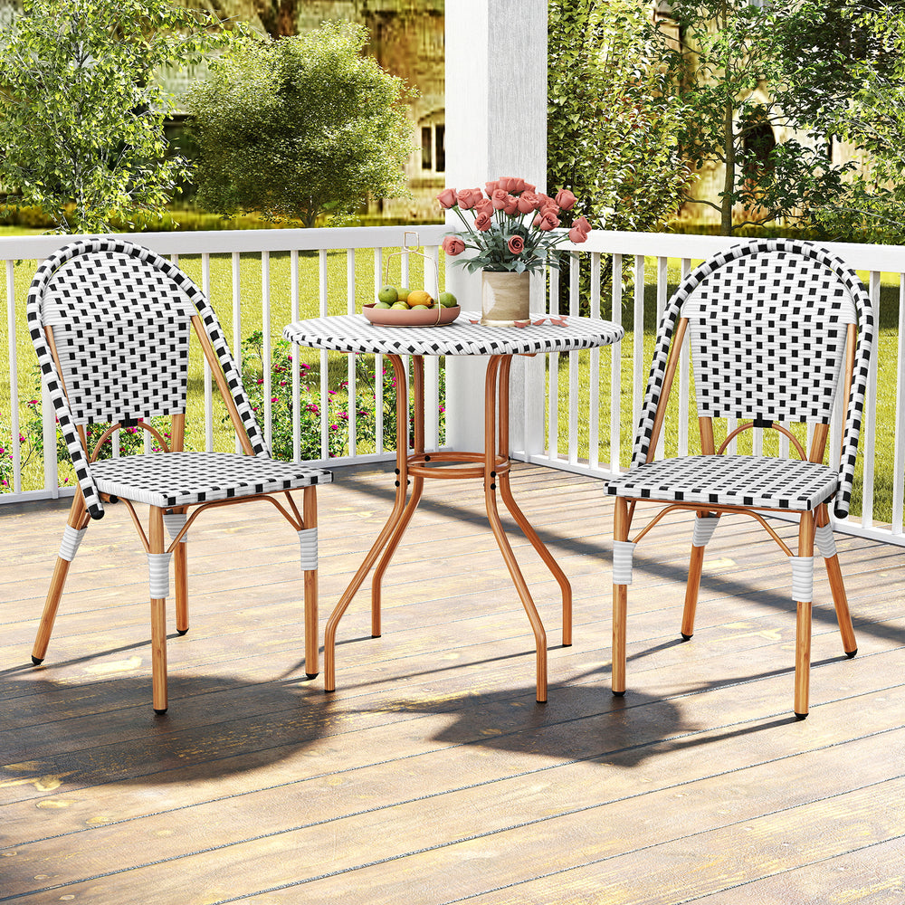 3-piece French bistro set featuring a round wicker table and two chairs, perfect for outdoor dining and relaxation.