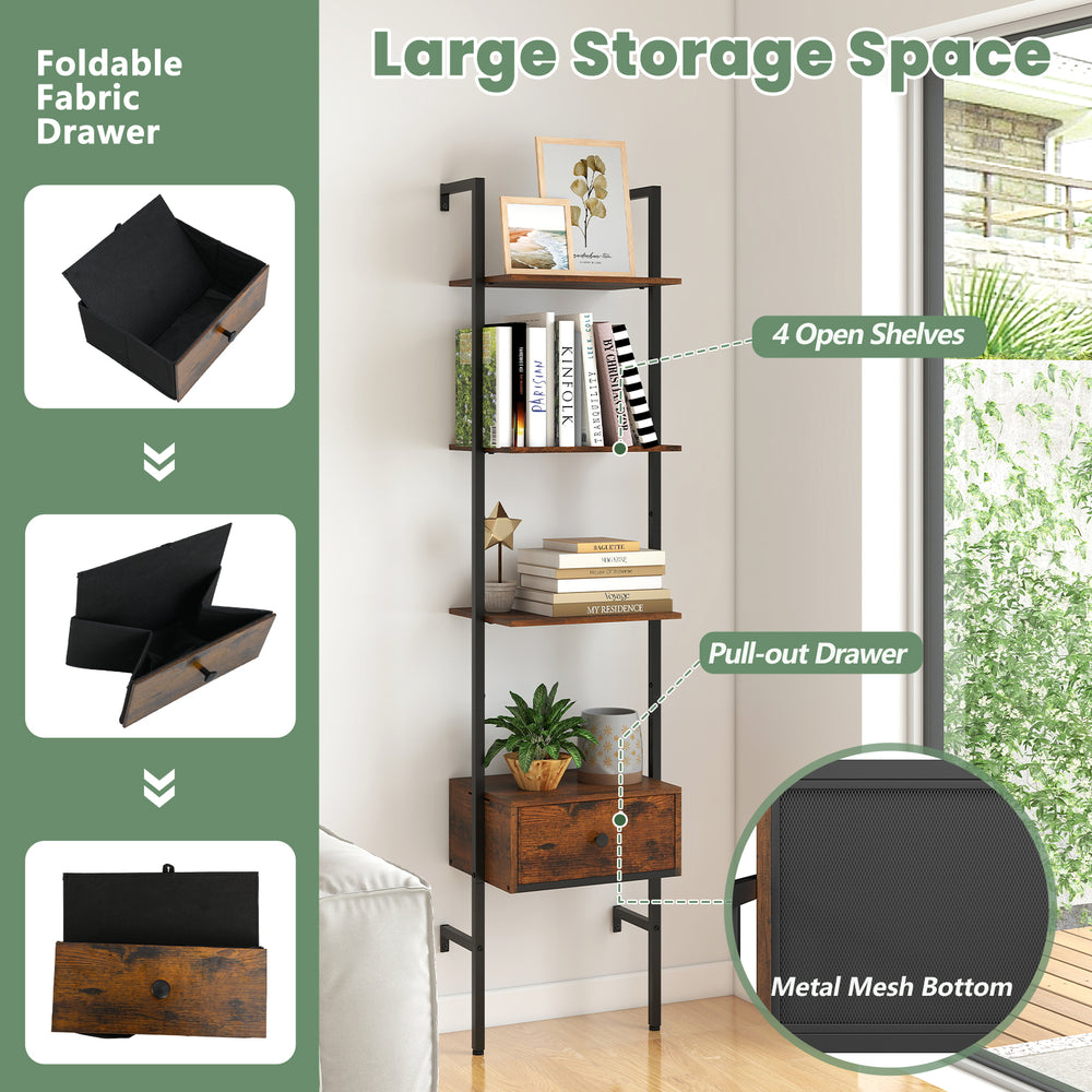 5-tier ladder bookcase in rustic brown with 4 shelves and pull-out drawer, perfect for home office storage.