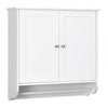 White wooden cabinet with a door and four drawers, ideal for wall-mounted bathroom storage and space-saving solutions.