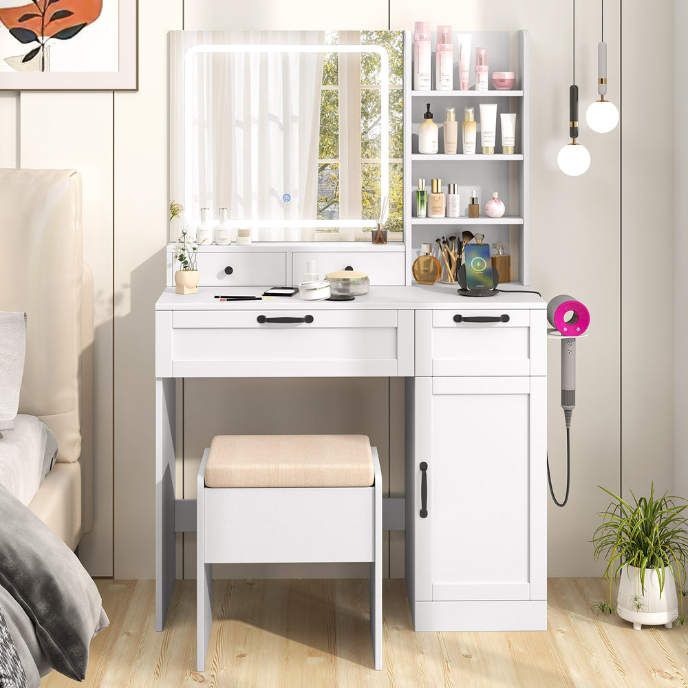 Vanity set in white with adjustable mirror, 3 lighting modes, and organized storage, perfect for makeup and styling.