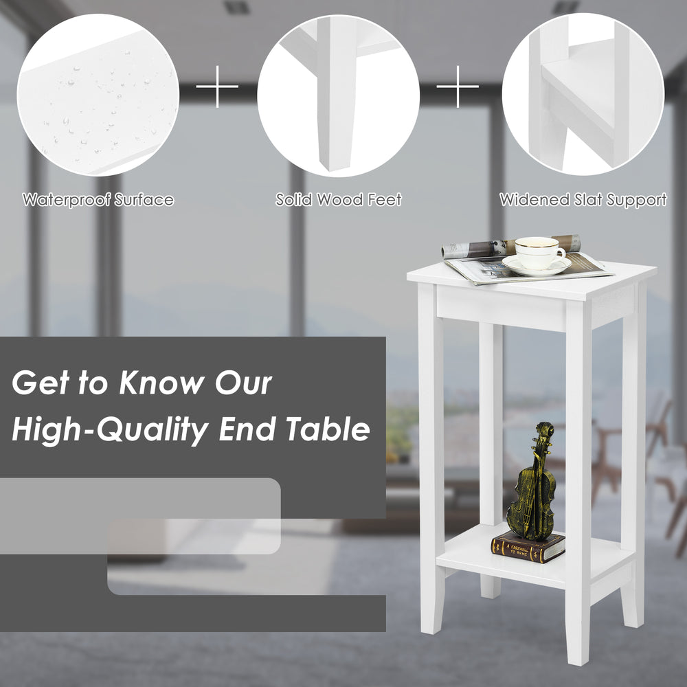 White 2-tier end table with solid wood legs and storage shelf, perfect for bedside or sofa side placement.